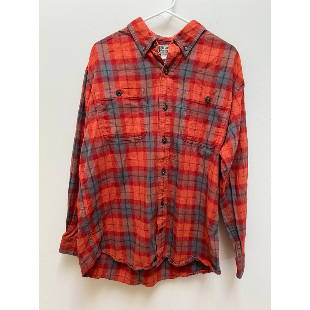 Duluth Trading Co Shirt Mens L Orange Plaid Flannel Button Down Cotton Soft Warm